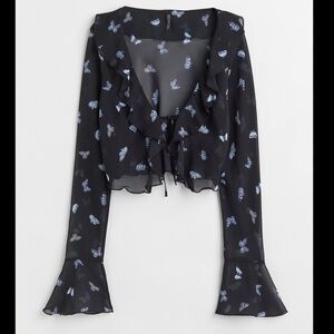 H&M Divided Black Blue Butterfly Sheer Flounce-Trimmed Chiffon Blouse Size Small